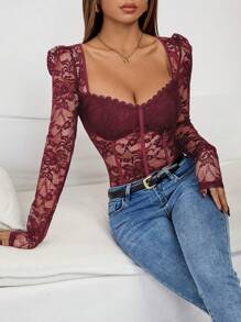 SHEIN Clasi 女士水钻领长袖蕾丝拼布紧身衣，修身版型 - 酒紅色 - 查看 4