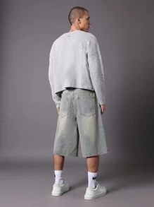 SUMWON 宽腿宽松牛仔短裤宽松滑板街头服饰节日夏季破洞及膝复古浅色水洗短裤 - 藍色 - 查看 4