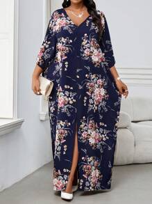 SHEIN Lady 春夏秋冬优雅海军蓝编织缺口长袍连衣裙大码连衣裙花卉印花连衣裙度假服装春夏优雅黑色编织 V 领短袖束腰外衣衬衫裙大码连衣裙万圣节服装女式长袍