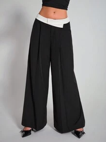SHEIN BAE 女士撞色腰褶宽松阔腿休闲裤 - 黑色 - 查看 4