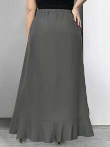 SHEIN LUNE Plus Size Women Ruffle Waist Wide Leg Pants Casual Culottes Fall - Grey - View 2