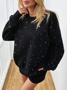 SHEIN Cottnline Stylish Metallic Pearl Embellished Brushed Back Sweatshirt In Black - Black - View 5