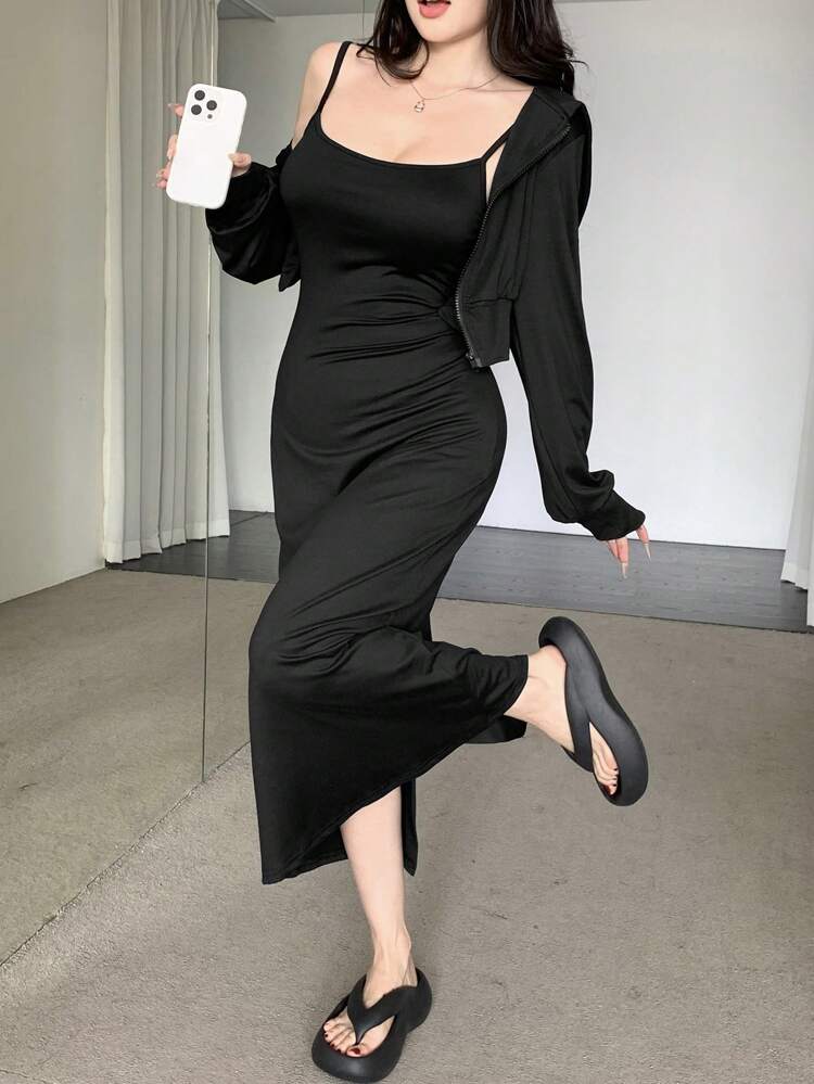 Solid Color Sleeveless Midi Dress For Women, Spring, Women Two Pieces Sets,Fall Clothes