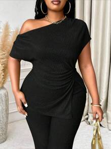 Maweii Plus Size Jednolity Kolor Asymetryczny Dekolt Krótki Rękaw Top I Długie Spodnie 2 Części Zestaw - Czarne - Zobacz 2