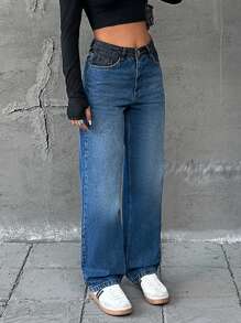 EURMUSE WOMEN STRAIGHT HIGH WAIST JEANS CONTRAST - Medium Wash - View 4