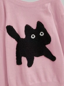 ROMWE Kawaii 休闲可爱猫咪刺绣不对称领口宽松针织毛衣，适合年轻女士 - 粉色 - 查看 4