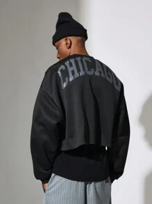 SUMWON Athleisure Crop Length Premium Sweatshirt With Chicago Text Back Print Fall Winter Casual Streetwear Cozy Ribbed Layering Essential - Black - View 1