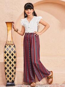 SHEIN Tween-Mädchen Lockere, lässige Vintage-Hose mit weitem Bein und Streifen im Urlaub