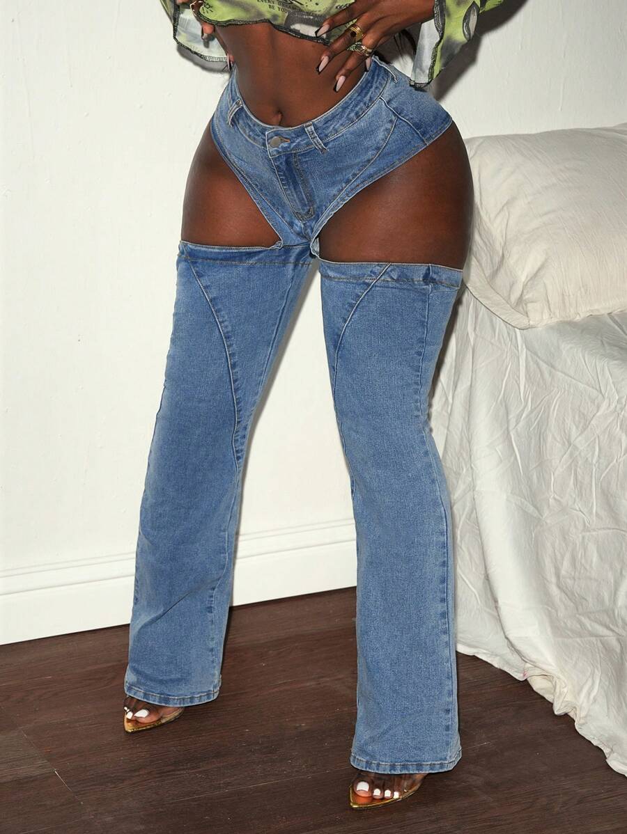 Slaydiva 女士破洞紧身喇叭牛仔裤