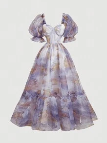 SHEIN MOD Fioletowa, kwiatowa, wielowarstwowa, długa sukienka z falbanką, sukienka imprezowa, sukienka na studniówkę, elegancka sukienka na święta, damska odzież rekreacyjna, damska sukienka urodzinowa, damski garnitur, damska odzież plażowa, strój na walentynki, stroje plażowe dla kobiet, karnawał, sukienka dla gościa weselnego, strój na koncert, Fairycore - Fioletowy - Zobacz 1