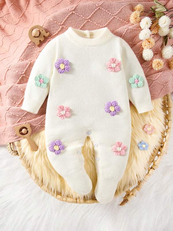 SHEIN Baby Girls Knitted Sweater , Long Sleeve Round Neck Romper Jumpsuit With Feet, Comfortable For Autumn/Winter, Hand Crochet Elegant Fashionable Apricot Versatile Suitable For Daily Life, Housework, Outing, Travel