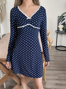 SHEIN Girlism Vestido azul de punto con cuello corazón, lunar blanco en contraste y moño mini corte A, para adolescentes, ideal para el Día de San Valentín