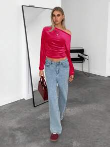 SHEIN Essnce Hauts pour femmes T-shirt asymétrique en velours à manches longues, plissé, élégant. Nouveau T-shirt pour femmes. Hauts sexy pour concert. Hauts casual ajustés pour femmes - Rose vif - Voir 4