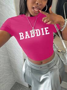 BamGleam Women Round Neck Letter Print Short Sleeve Fitted Cropped T-Shirt - Hot Pink - View 1