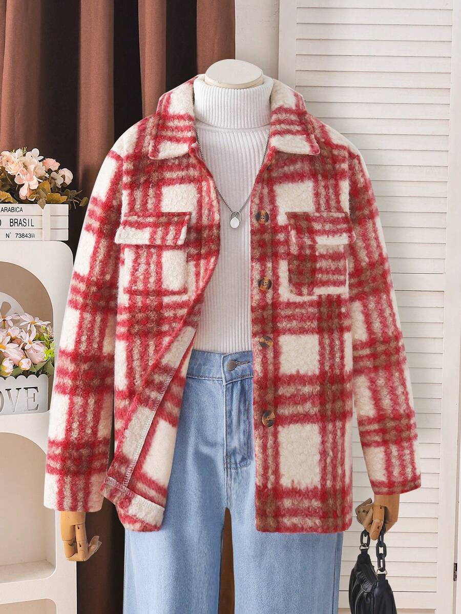 Tween Mädchen Mantel im Rot karierten Freizeitstil für Schule, warm geeignet für Herbst/Winter