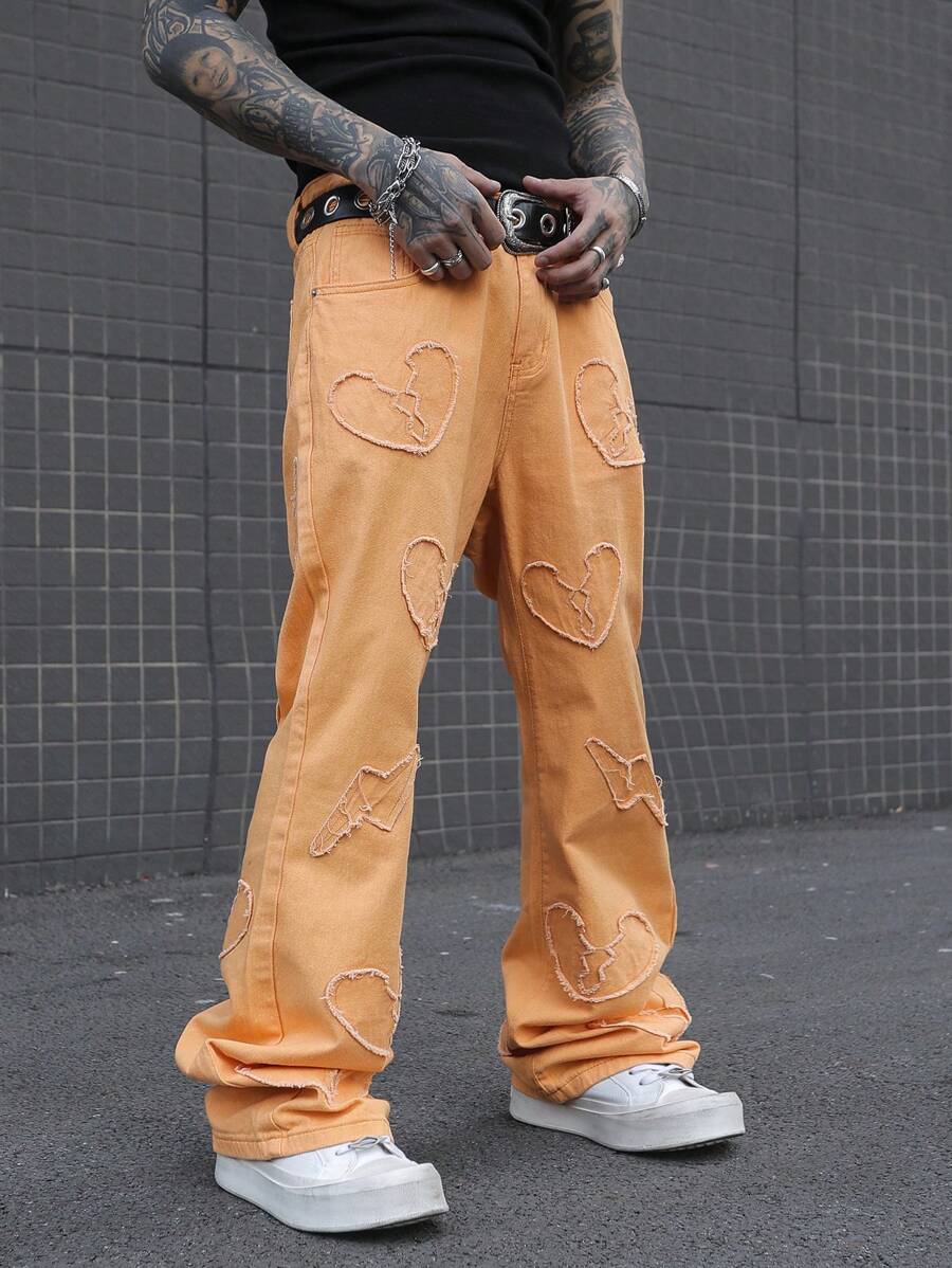 Manfinity EMRG Men's Pocket Heart Distressed Simple Casual Jeans, Everyday Wear - Orange - View 1