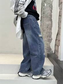 男童口袋简约破洞阔腿裤，休闲日常穿着 - 中等水洗藍 - 查看 6