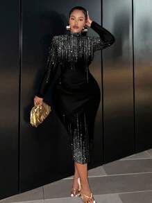 Slaydiva Váy ôm cổ tròn dài tay in họa tiết tối giản giản dị, cỡ lớn - Nhiều màu - Xem 1