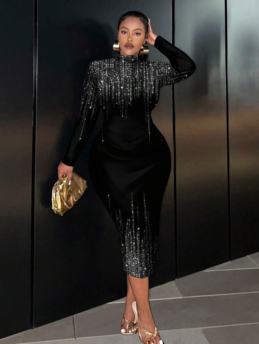 Slaydiva Váy ôm cổ tròn dài tay in họa tiết tối giản giản dị, cỡ lớn - Nhiều màu - Xem 1