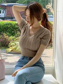 DAZY 女式短袖 V 领卡其色短款扭纹针织上衣，春夏 - 卡其色 - 查看 3