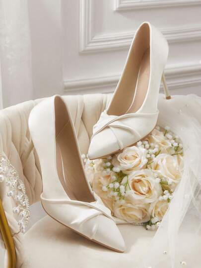 CUCCOO HITCHD Women's Fashionable Elegant Pearl White Satin Pointed Toe High Heel Pumps, Suitable For Banquet, Wedding, Commute, Date, Christmas Party