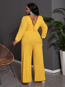 Slaydiva Elegant Commute Party Date Outfit, Solid-Color Magenta Long Sleeve Waist Twist Bowknot High Waist Wide Leg Jumpsuit, Plus Size For Valentine's Day - Yellow - View 2