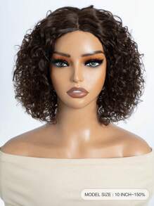 短款棕色卷发蕾丝假发 人发无胶水波波头假发 中分 10 英寸深波卷发蕾丝前假发