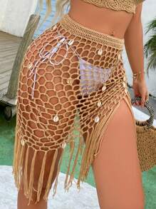 SHEIN Swim Summer Beach Knitted Fringe Hem Cover Up Skirt