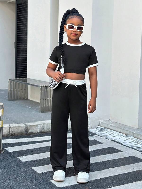 Tween Girl Knit Contrast Trim Round Neck Short Sleeve Sports Set