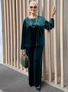 SHEIN LUNE 2pcs Women's Elegant Solid Color Long Sleeve Blouse And Pants Set Two Pieces Set Women - Dark Green - View 3