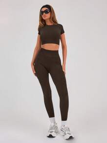 Musera Sport High Waist Ribbed Seamless Gym Active-Wear Leggings Only ,Padel, Tennis, Pickleball Gym Fitness - Brown - View 5