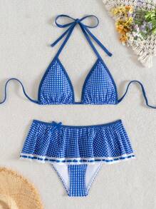 Swim Mod Summer 2pcs Women's Plaid Print Halter Neckline With Bowknot Ruffle Trim Bikini Set - Blue and White - View 6
