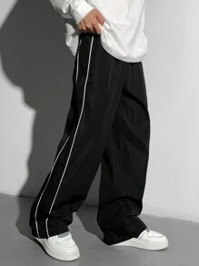 SHEIN 青少年男孩休闲街头风格宽松白色撞色海军蓝直筒裤，街头服饰，运动，秋冬 - 黑色 - 查看 7