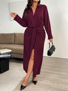 SHEIN Unity 女式加大码纯色衬衫领交叉 V 领下摆褶饰长袖衬衫搭配前腰褶饰 A 字中长裙 - 酒紅色 - 查看 1