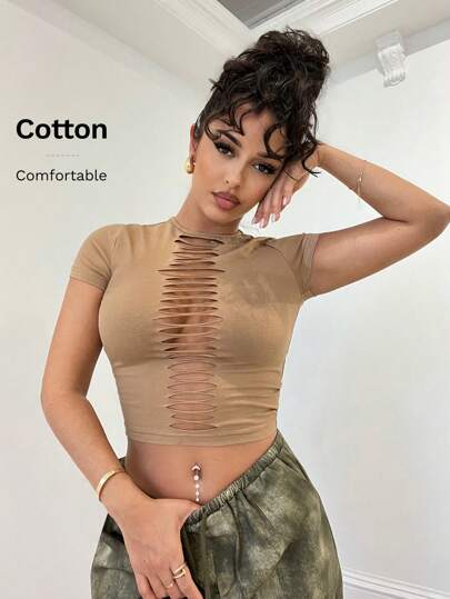 SHEIN BAE Solid Color Distressed Hollow Out Tight Khaki Top, Spring/Summer Clothing, Music Festival/Carnival/Daily/Streetwear Outfits