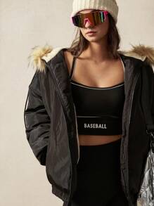 VARSITIE Warm Long Sleeves With Plush Collar Women Sports Jackets - Black - View 6