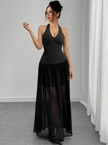 SHEIN Unity Sexy Backless Tied Neck Deep V Neck Slim Waist Dress, Stylish & Chic - Black - View 5