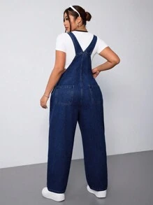 SHEIN ICON Plus Size Casual Washed Simple Denim Bib Overalls - Dark Wash - View 2