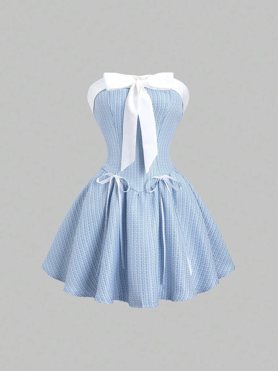 Sweetra Women's Cute Off-Shoulder Butterfly-Tie A-Line Mini Dress, Sweet & Pure, Suitable For Birthday Party, Royal Blue