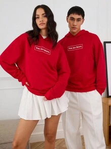 Manfinity VCAY Unisex Letter Graphic Printed Knit Loose Dropped Shoulder Hoodie, For Fall Winter