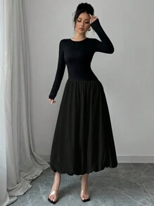 Chiquease Women Solid Color Round Neck Long Sleeve Casual Dress, Autumn