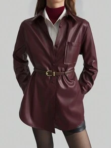 Ontre 2025 新款女式安哥拉红色纯色长袖 PU 皮革单排扣休闲衬衫夹克，适合情人节装扮，春季