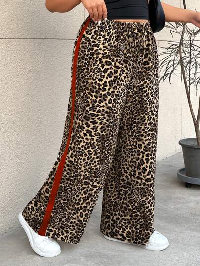 SHEIN Frenchy 大码纯色拼接前系带腰简约休闲裤，适合日常穿着