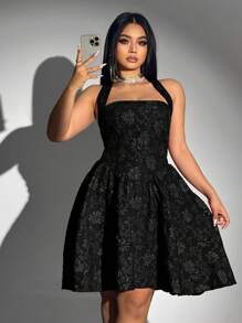 Allurite Plus Size Women Jacquard Halter Dress, Black, Valentine's Day, For Summer