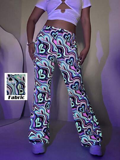 SHEIN ICON Plus Heart Print Flare Leg Trousers