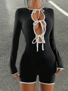 Chiquease Sexy Long Sleeve Lace-Up Colorblock Skinny Jumpsuit For Women