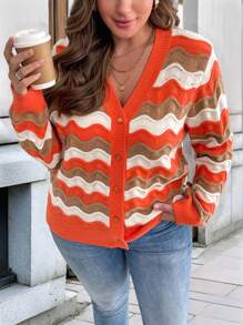 Calvaya Plus Size Front Button Down Long Sleeve Wavy Striped Casual Blouse - Burnt Orange - View 5