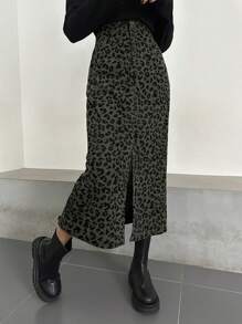 DAZY 女士直筒豹纹半身裙，简约休闲，适合秋冬季日常穿着 - 軍綠色 - 查看 5