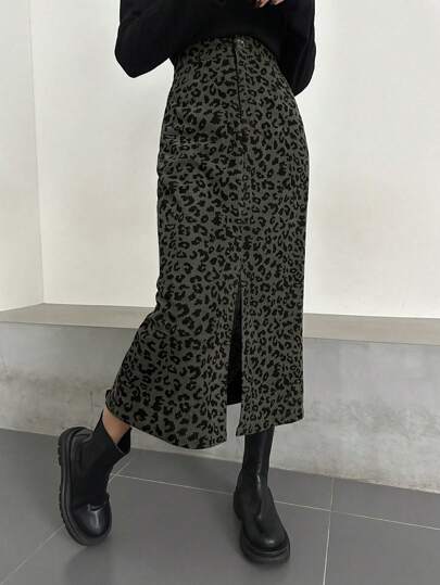 DAZY Falda recta de mujer con estampado de leopardo, sencilla y casual para uso diario en otoño e invierno