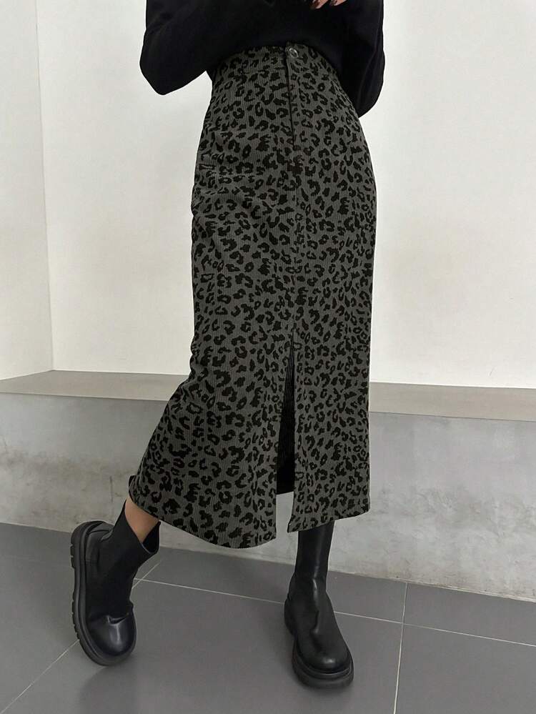 Women Straight Leopard Print Skirt, Simple Casual For Everyday Wear Fall,Winter